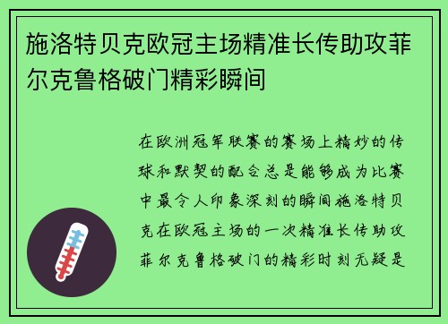 施洛特贝克欧冠主场精准长传助攻菲尔克鲁格破门精彩瞬间